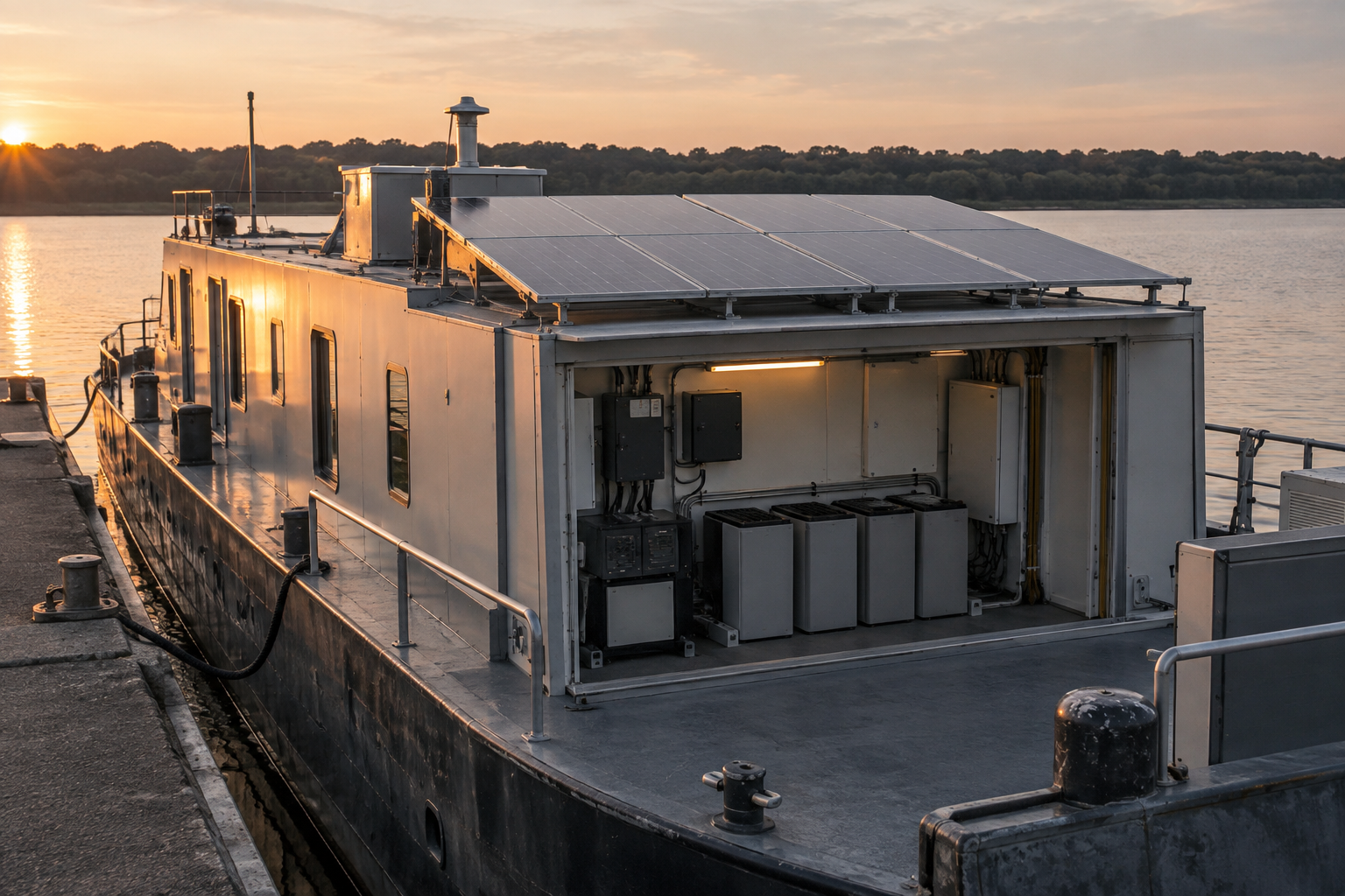Floating residential energy management test bed with solar panels, battery cabinets and shore power