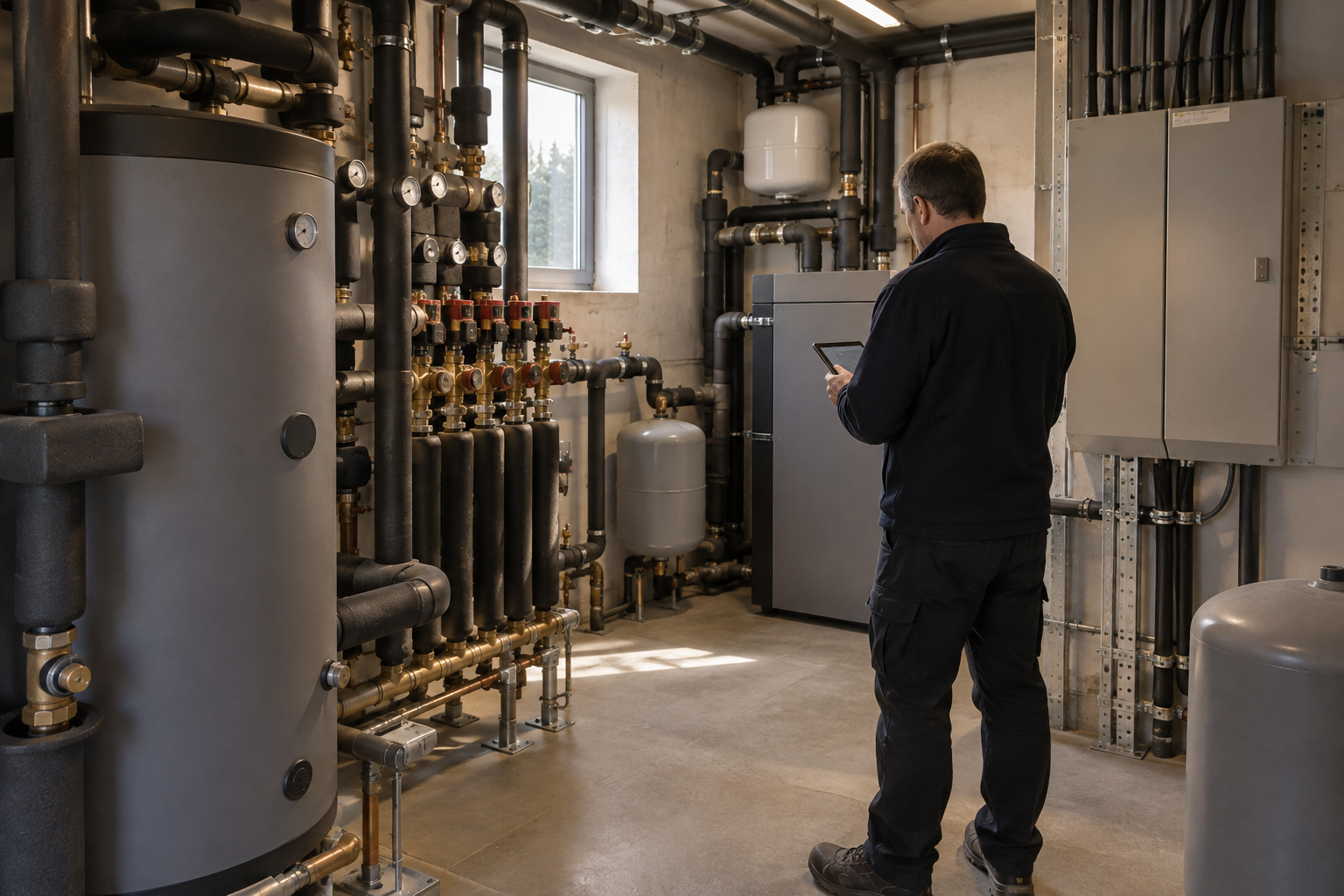 KNX and BMS plant room with heating manifolds, control cabinets and an engineer